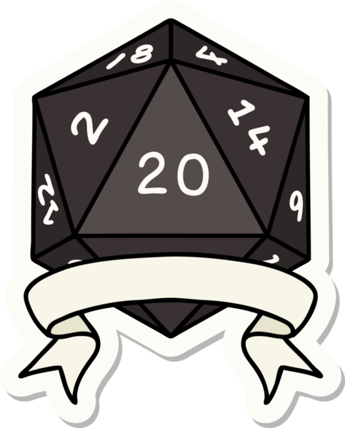 Bir insan tarafından çizilmiş 20 kritik vuruşluk D20 zar etiketi.