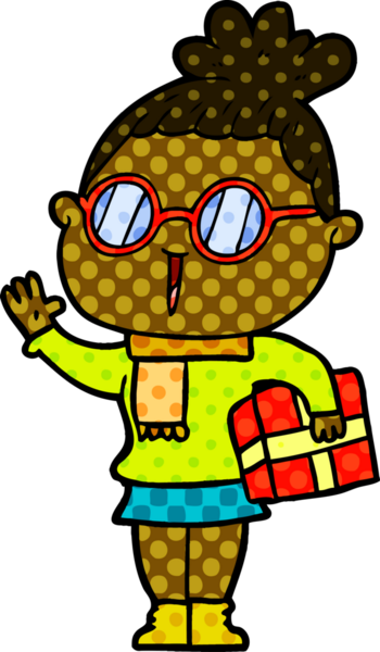 Bir insan tarafından çizilmiş gözlüklü bir karikatür kadın.