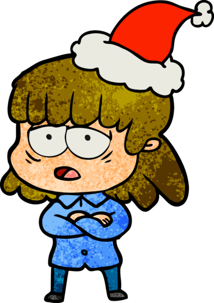 Bir insan tarafından çizilmiş Noel Baba şapkası giyen yorgun bir kadının el çizimi karikatürü.