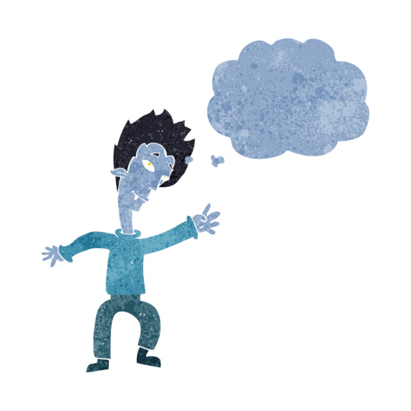 Bir insan tarafından çizilmiş düşünce balonlu cadılar bayramı vampiri çizgi filmi.