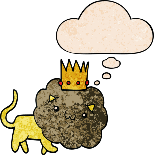 Düşünce baloncuğu ile taçlı çizgi film aslanı bir insan tarafından çizilmiş grunge doku tarzı.