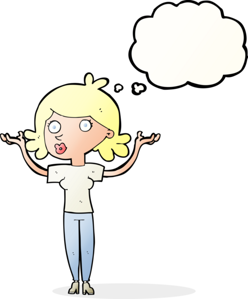 Bir insan tarafından çizilmiş düşünce baloncuğuyla kollarını havaya kaldıran çizgi film kadını.