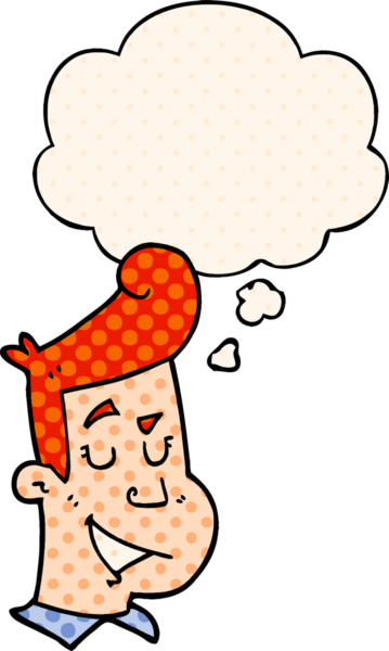 Çizgi roman tarzında bir insan tarafından çizilmiş düşünce balonu olan mutlu bir adam.