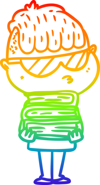 Gökkuşağı gradyan çizgi çizimi bir çizgi film çocuğu güneş gözlüğü takıyor ve bir insan tarafından çizilmiş kitap yığını