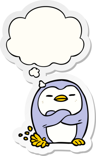 Karikatür penguen ayağı, insan tarafından çizilmiş bir çıkartma olarak düşünce baloncuğuyla vuruyor.