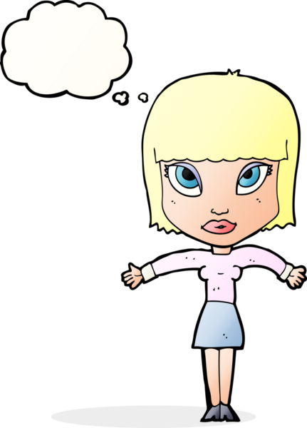 Bir insan tarafından çizilmiş düşünce baloncuğuyla omuz silken çizgi film kadını.