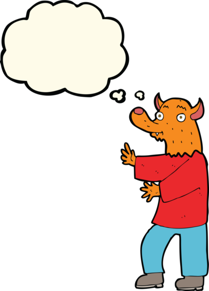 Bir insan tarafından çizilmiş düşünce baloncuklu çizgi film tilkisi.