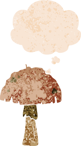 Düşünce baloncuklu çizgi film mantarı grunge sıkıntılı retro desen bir insan tarafından çizilmiş