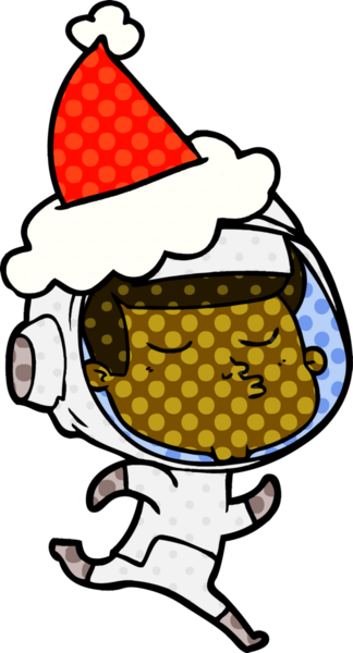 Bir insan tarafından çizilmiş Noel Baba şapkası giyen kendine güvenen bir astronotun el çizimi çizgi roman çizimi.