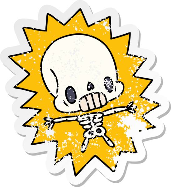 Sıkıntılı etiket çizimi Kawaii bir insan tarafından çizilmiş iskelete elektrik verdi.