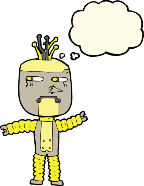 Bir insan tarafından çizilmiş düşünce baloncuklu çizgi film robotu.