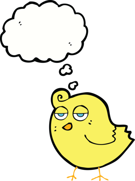 Bir insan tarafından çizilmiş düşünce baloncuklu çizgi film kuşu.