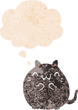 Mutlu çizgi film kedisi. Düşünce baloncuğu ve grunge dertli eski moda bir insan tarafından çizilmiş.