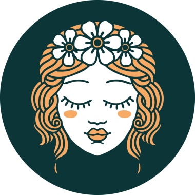 İkonik dövme stili. Bir insan tarafından çizilmiş gözleri olan kadın yüzü.