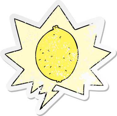 Konuşma baloncuğu olan karikatür limonu bir insan tarafından çizilmiş sıkıntılı eski bir çıkartma