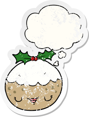 Düşünce baloncuklu tatlı çizgi film pudingi insan tarafından çizilmiş yıpranmış bir çıkartma.