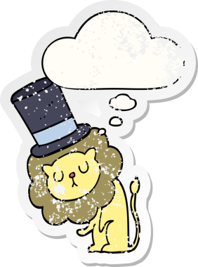 Düşünce baloncuklu silindir şapka takan sevimli çizgi film aslanı bir insan tarafından çizilmiş yıpranmış bir çıkartma.