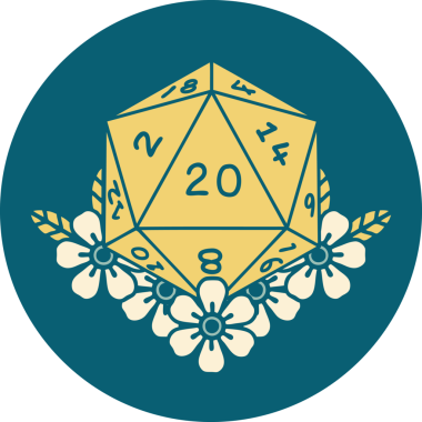 Retro Dövme Biçimi Doğal 20 D20 zar bir insan tarafından çizilmiş çiçek elementleriyle