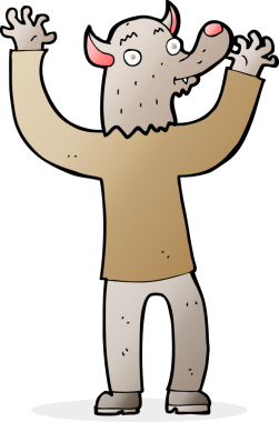 Bir insan tarafından çizilmiş mutlu kurt adam çizgi filmi.