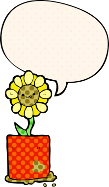 Bir insan tarafından çizilmiş çizgi roman tarzında konuşma baloncuğu olan sevimli bir karikatür çiçeği.