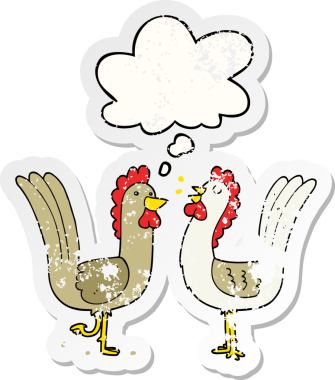 Düşünce baloncuğu olan çizgi film tavukları insan tarafından çizilmiş yıpranmış bir çıkartma gibi.