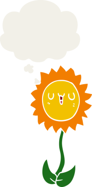 Düşünce baloncuğu olan karikatür çiçeği insan tarafından çizilmiş.