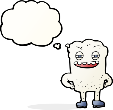 Bir insan tarafından çizilmiş düşünce baloncuklu mutlu diş çizgi filmi.