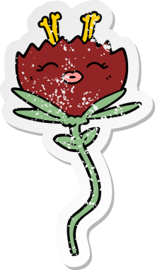 Bir insan tarafından çizilmiş mutlu bir karikatür çiçeğinin sıkıntılı çıkartması.