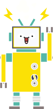 Bir insan tarafından çizilmiş mutlu bir robotun düz renkli retro karikatürü