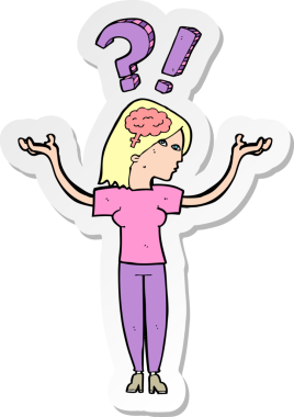 Bir insan tarafından çizilmiş sorular soran bir karikatür kadının çıkartması.