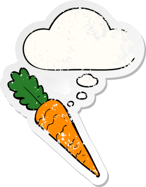 Düşünce baloncuklu çizgi film havucu insan tarafından çizilmiş yıpranmış bir çıkartma gibi.