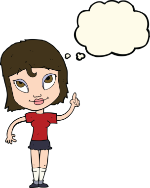 Bir insan tarafından çizilmiş düşünce baloncuğu fikri olan karikatür kadın.