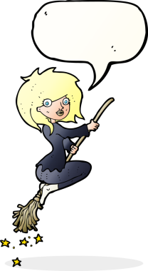 Bir insan tarafından çizilmiş konuşma balonuyla süpürgeye binen cadı çizgi filmi.