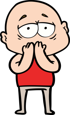 Bir insan tarafından çizilmiş yorgun, kel bir adam.