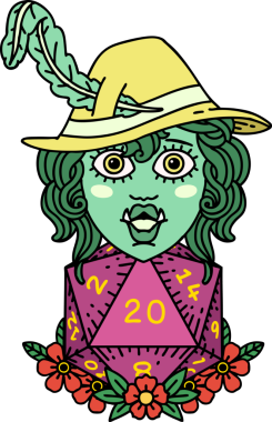 Retro Dövme Biçimi Yarı Ork Ozanı Bir insan tarafından çizilmiş 20 zar ile