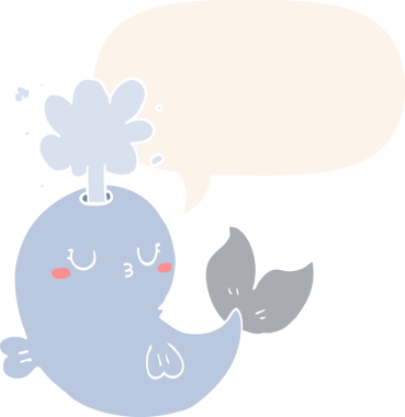 Bir insan tarafından çizilmiş eski usul konuşma baloncuğuyla su püskürten çizgi film balinası.