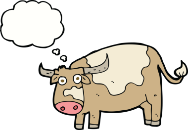 Bir insan tarafından çizilmiş düşünce balonlu çizgi film ineği.