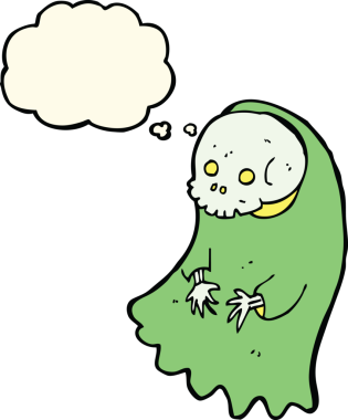 Bir insan tarafından çizilmiş düşünce baloncuklu karikatür hortlağı.