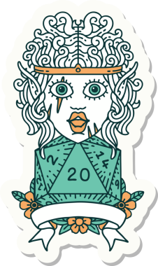 Bir insan tarafından çizilmiş 20 zarlı elf barbar karakterinin çıkartması.