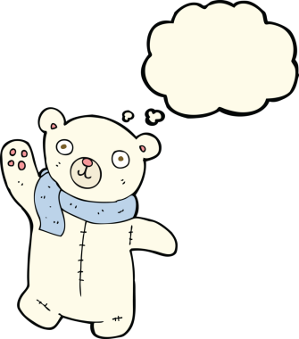 Bir insan tarafından çizilmiş düşünce baloncuklu şirin kutup ayısı.