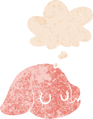 Düşünce baloncuklu çizgi film fili suratı bir insan tarafından çizilmiş dertli retro desenli.