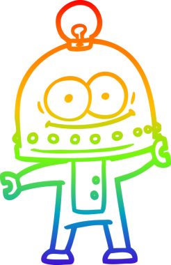 Gökkuşağı gradyan çizgisi mutlu bir karton robot çizimi ve bir insan tarafından çizilmiş ampul.