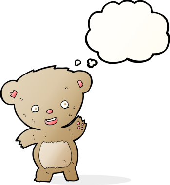 Bir insan tarafından çizilmiş düşünce balonlu oyuncak ayıyı sallayan çizgi film.