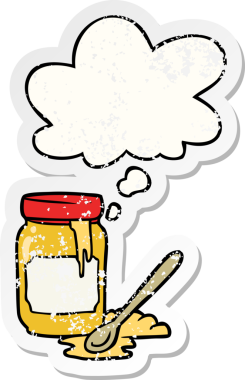 Düşünce balonlu karton bal kavanozu insan tarafından çizilmiş yıpranmış bir çıkartma.