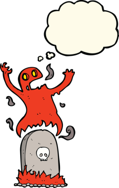 Bir insan tarafından çizilmiş düşünce baloncuğuyla mezardan yükselen karikatür hayaleti