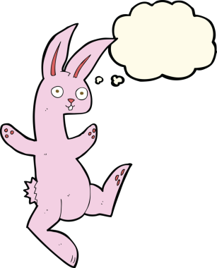 Bir insan tarafından çizilmiş düşünce balonlu pembe tavşan çizgi filmi.