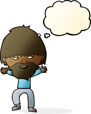 Bir insan tarafından çizilmiş düşünce balonlu sakallı mutlu adam çizgi filmi.