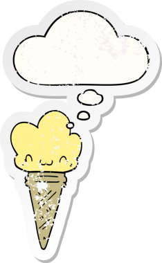 Yüzünde düşünce kabarcığı olan karikatür dondurması insan tarafından çizilmiş yıpranmış bir çıkartma gibi.