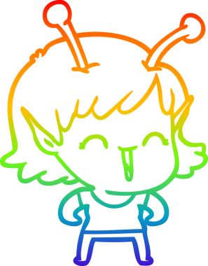 Gökkuşağı gradyan çizgi çizimi bir insan tarafından çizilmiş uzaylı bir kızın gülüşü.