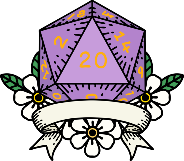 Retro Dövme Biçimi Doğal 20 kritik vuruş D20 zar bir insan tarafından çizildi